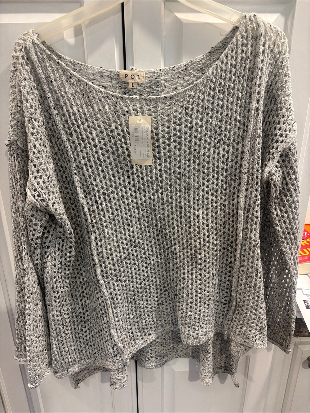 POL Light Gray Open-Weave Scoop Neck Pullover